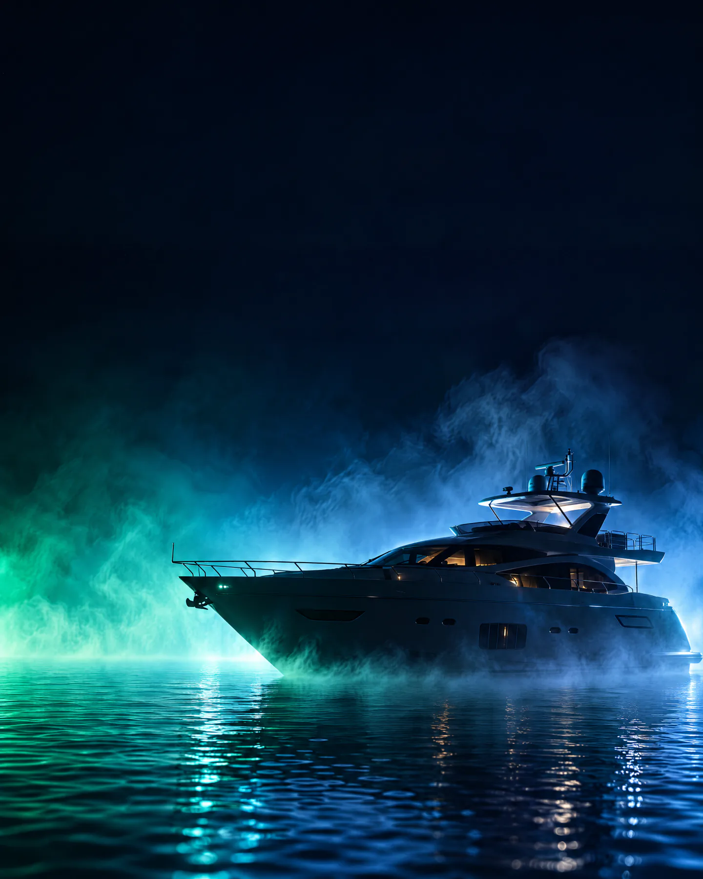 Bug einer Motoryacht im farbigen Nebel über dem Wasser