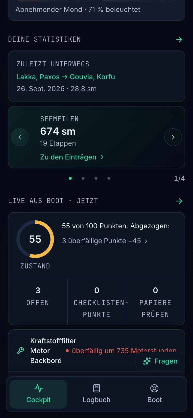 Cockpit in der App: deine Statistiken mit 674 sm in dieser Saison