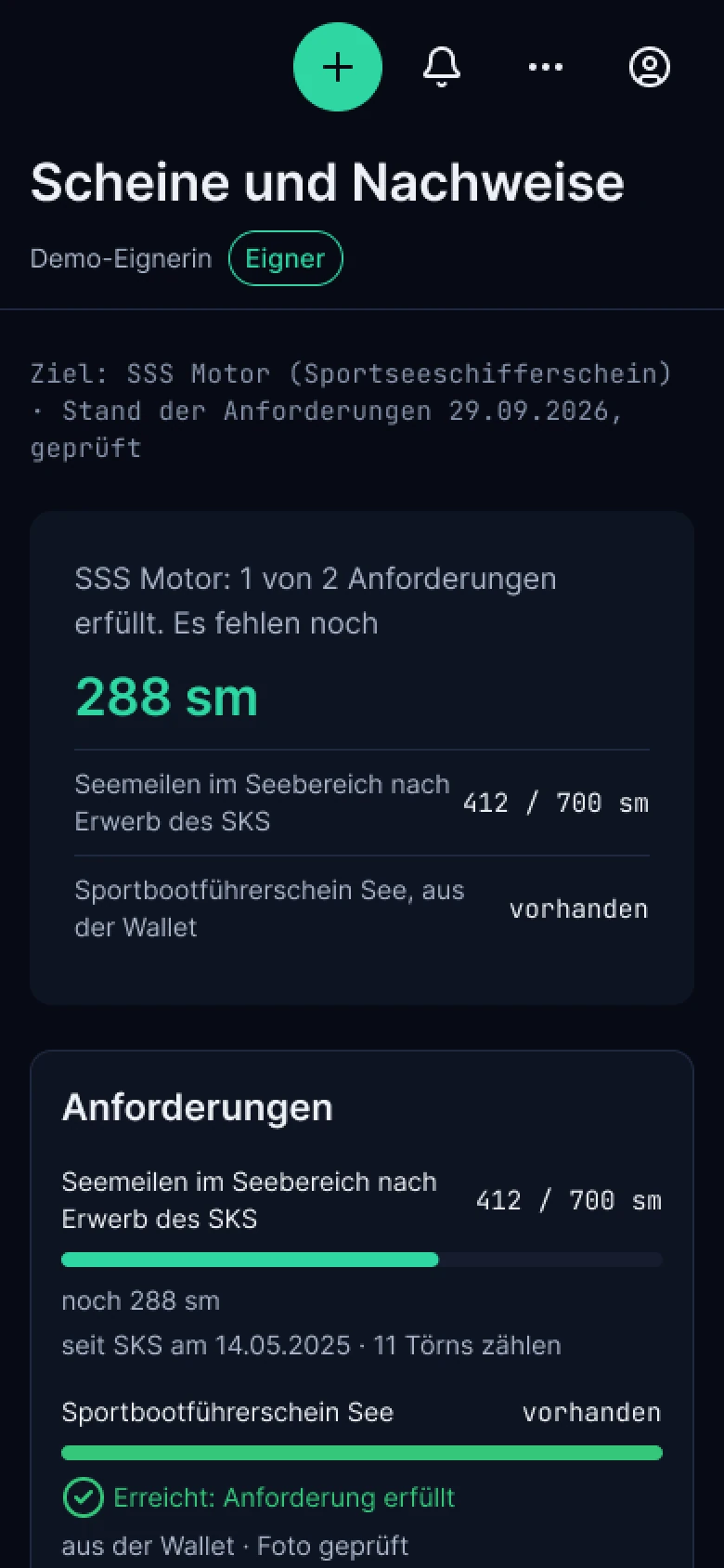 Scheine und Nachweise in der App: 288 sm bis zum SSS Motor, Fortschritt je Anforderung